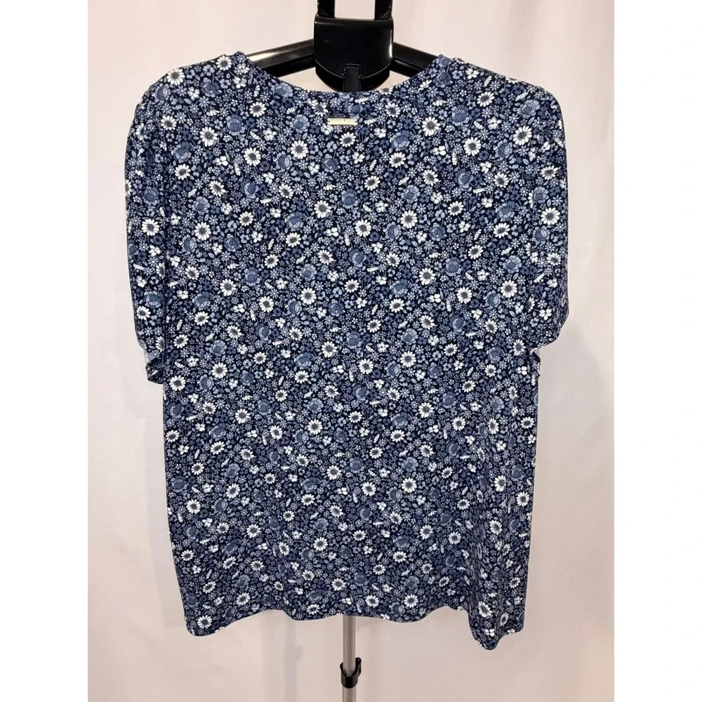 Michael Kors Floral Puff Sleeve Top Navy Blue Daisy Women 2X